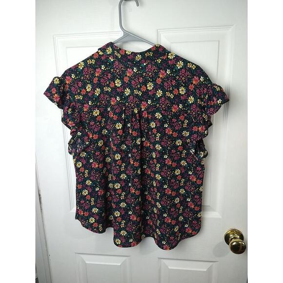 BP Black Floral Ruffle Semi Sheer Cap Sleeve Collar Button Top. Size M - Picture 7 of 8